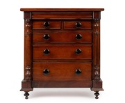 An antique Australian cedar and pine five drawer apprentice chest with turned columns and handles, 19th century, 36cm high, 33cm wide, 20cm deep
