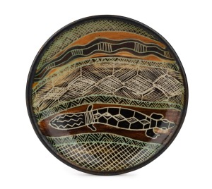 CARL COOPER pottery dish with sgraffito Aboriginal decoration, incised "Carl Cooper", ​​​​​​​11.5cm diameter.