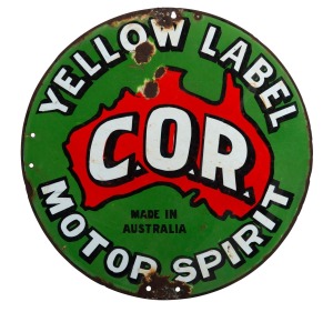 "C.O.R. YELLOW LABEL MOTOR SPIRIT" double sided enamel sign, 38cm diameter.