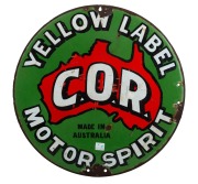 "C.O.R. YELLOW LABEL MOTOR SPIRIT" double sided enamel sign, ​​​​​​​38cm diameter. - 2