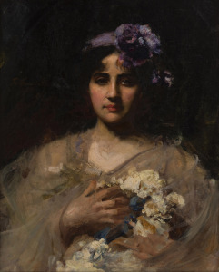 JOHN LONGSTAFF (1862-1941), (portrait of a lady), oil on canvas, signed upper left "Jo. Longstaff, 1901", with title beneath signature (illegible), 67 x 55cm, 82 x 70cm overall