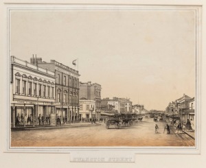 FRANCOIS COGNE (1829-1883), Swanston Street (1863), tinted lithograph, printed by Charles Troedel of Melbourne, image size 26.5 x 36.5cm, sheet size 35.5 x 45.5cm