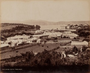 109 · PORT ARTHUR: Two large format albumen photographic prints by Anson Brothers of Hobart, both laid down on a single sheet of card (back and front), with printed captions and titles: "General View, Model Prison, Port Arthur" and "Chapel, Model Prison", each sheet size 26.5 x 32.5cm, card mount 35 x 46cm overall
