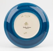 MOORCROFT "Sulphur Crested Cockatoo" pottery plate on blue ground, limited edition 52/350, retailed by Dalby Antiques Melbourne, circa 1995, factory mark to base, with original box of issue, 26.5cm diameter. - 2