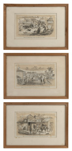 SAMUEL THOMAS GILL (1818-1880), three sepia tone lithographs by F. W. Nevin & Co., I.) "John Alloo's Chinese Restaurant, Main Road, Ballaarat, 1853", II.), "Arrival of Geelong Mail, Main Road, Ballaarat, 1854", III.) "Township of Ballaarat from Bath's Hot