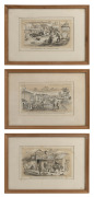 SAMUEL THOMAS GILL (1818-1880), three sepia tone lithographs by F. W. Nevin & Co., I.) "John Alloo's Chinese Restaurant, Main Road, Ballaarat, 1853", II.), "Arrival of Geelong Mail, Main Road, Ballaarat, 1854", III.) "Township of Ballaarat from Bath's Hot