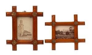 Two antique cartes-de-visite photographs of Old St David's Church (Battery Point) and Government House, Hobart, both attractively framed in huon pine with gilt metal adornments, the larger 19 x 16cm overall