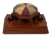 An antique Australian cedar pin cushion with silk and cotton top and carved whalebone handles to the drawers, 19th century, ​​​​​​​11cm high, 20cm wide, 12cm deep