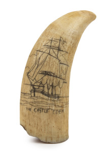 A scrimshaw whale's tooth titled "The Castle Eden" with ship portrait and "Hartlepool Pilot Boat" on reverse, 13cm high.