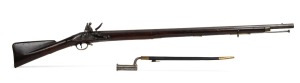 BROWN BESS MUSKET British Army India pattern flintlock by Tower, circa 1810, complete with original bayonet and scabbard by John Gill of London, stamped &ldquo;D 54 W D&rdquo;, 0.75 Calibre, 39 inch barrel, 55 inch overall, very clean lock with ring-necked cock origi