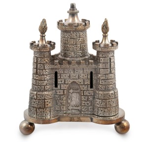 GIBRALTAR 12th SUFFOLK REGIMENT antique castle form silver plated regimental mess table cigar lighter by HENRY WILKINSON, circa 1881, 14cm high.