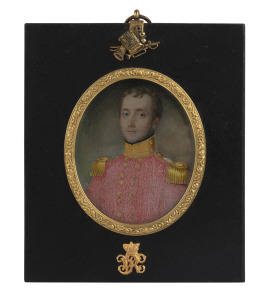 SIR WILLIAM CODRINGTON (Second Battalion Coldstream Guards, Light Division, Crimea) hand-painted miniature portrait on ivory, housed in original frame, 12 x 11.5cm overall