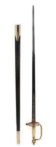 A 1796 infantry officer's sword with blue and gilt straight blade and reeded ivory grip, engraved "J. J. Runkel Solingen". Note: Replacement scabbard. Blade length 82cm, 99cm overall