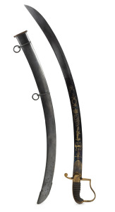 An officer's Light Cavalry sword with blue and gilt sabre blade, gilt stirrup hilt and original scabbard, the blade 75.5cm long, 89cm long overall.
