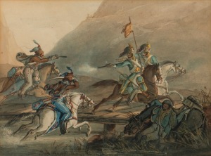JOHN AUGUSTUS ATKINSON (1775-1830), Peninsula War, French 9th Lancers Being Pursued by Portuguese Cavalry, 1813, watercolour, later pencil inscription and notes verso, ​​​​​​​26 x 34cm, 41 x 49cm overall