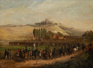 WILLIAM BURGESS (of DOVER) (1805-1861), Dover Castle, (On The Road), 1856, Devonshire Yeomanry Cavalry and Highland Brigade Preparing to Depart for India, oil on canvas, signed and titled on the stretcher in the artist's hand, later paper label affixed ve
