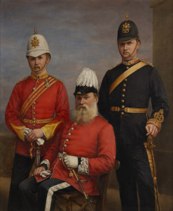 JULIUS HARE (1859-1932), Lipton Cumming Potts (Captain and ADJ. of the 80th Regiment), John William Hastings Potts (Captain of the Royal Artillery), Charles Highmore Potts (seated), oil on canvas, signed lower right "J. Hare, 1881", attractively housed in