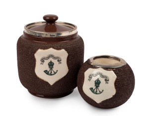VICTORIAN RIFLE REGIMENT antique English tobacco jar with sterling silver mount and porcelain tamper, made by MacIntyre & Co. of Burslem; together with matching match striker, (2 items), 11cm high