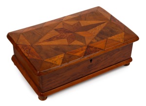 WILLIAM NORRIE (New Zealand) inlaid specimen wood box, circa 1890, 10cm high, 30cm wide, 19cm deep.