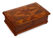 WILLIAM NORRIE (New Zealand) inlaid specimen wood box, circa 1890, 10cm high, 30cm wide, 19cm deep.