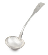 ALEXANDER DICK rare Colonial Australian silver ladle with engraved bird and log crest, Sydney origin, circa 1835, stamped "Dick" with lion passant, crowned leopard, date letter "E" and monarch's head, an impressive 35.5cm long, 320 grams.