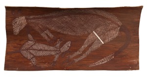 ARTIST UNKNOWN, Bad Bung (Rock Wallabies), earth pigment on bark, signed and titled verso "Didja" with gallery number and details, 30 x 64cm.