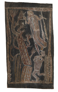 ARTIST UNKNOWN, (warrior figures with axes and spears), earth pigment on bark, 71 x 39cm.