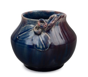 REMUED blue glazed pottery vase with pink highlights, adorned with unusual gum leaves, gumnuts, branch and linear decoration, incised "Remued", 12cm high.