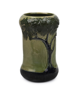 CHARLES DREW green and blue pottery vase with hand-painted and applied tree decoration, incised "C. Drew, 1925", 17.5cm high.