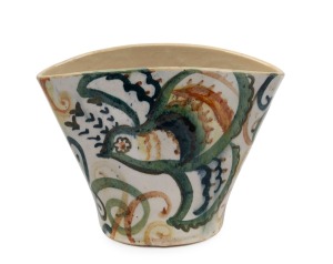 ARTHUR MERRIC BOYD and JOHN PERCEVAL fan shaped pottery vase with hand-painted bird decoration, signed "Arthur Merric Boyd", 11.5cm high.
