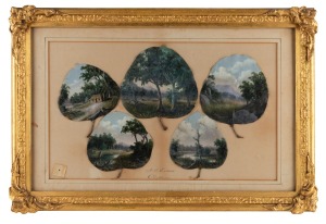 ALFRED WILLIAM EUSTACE (1820-1907), impressive group of five hand-painted gum leaves in original gilt framed, signed and titled by the artist lower centre "A.W. EUSTACE, CHILTERN", 37 x 55cm overall. Together with a publication "The Story Of Gum Leaf Painting" by Sophie C. Ducker. ​​​​​​​(2 items).