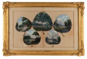 ALFRED WILLIAM EUSTACE (1820-1907), impressive group of five hand-painted gum leaves in original gilt framed, signed and titled by the artist lower centre "A.W. EUSTACE, CHILTERN", 37 x 55cm overall. Together with a publication "The Story Of Gum Leaf Pain