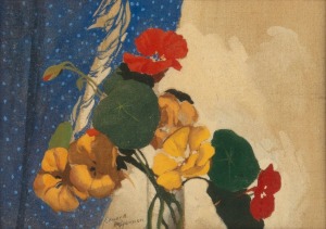 EDWARD HEFFERNAN (1919-1982), (still life with nasturtiums), oil on canvas, signed lower centre "Edward Heffernan", accompanied by a hand-written letter from the artist, plus related news clippings and ephemera, 20 x 28cm, 42 x 50cm overall