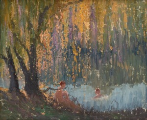 ARTIST UNKNOWN, (under the willows), oil on board, 21 x 26cm, 36 x 40cm overall.