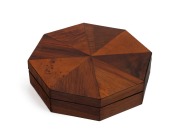 H. W. BROUGHTON of MELBOURNE rare Colonial Australian octagonal trinket box, circa 1850, bearing original paper label "R. W. Broughton, Fancy Cabinet Maker, Melbourne", with original blue paper lining and handwritten manuscript key of the timber veneers "