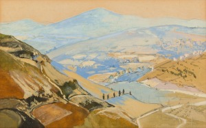 DOUGLAS THOMAS, On the Road to Tiberias, gouache on paper, inscribed verso "Painted by Douglas Thomas while with the A.A.M.C. in Palestine", attractively housed in original John Thallon frame, 13.5 x 21cm, 33 x 39cm overall.