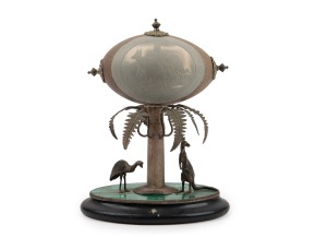 HENRY STEINER antique Australian silver carved emu egg display on South Australian malachite inlaid plinth base, 19th century, stamped "H. Steiner" flanked by pictorial marks, 24cm high overall.