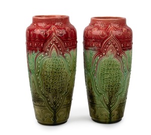 V.A.P. (VICTORIA ART POTTERY) pair of red and green glazed pottery mantle vases by WILLIAM FERRY, ​​​​​​​31cm high.