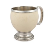HENRY STEINER antique Australian silver mounted ostrich egg tankard, 19th century, stamped in two places "H. Steiner" flanked by pictorial marks, 14cm high, 16cm wide.