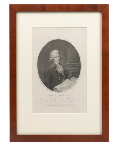 "ARTHUR PHILLIP ESQ." Captain General and Commander-in-Chief in and over The Territory of New South Wales. Published May 1, 1789 by Stockdale Piccadilly. Engraved by W. Sherwin from an original picture painted by Francis Wheatley, 24.5 x 15.5cm, 39 x 28cm overall.
