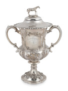 WILLIAM EDWARDS (attributed) "THE CAVALRY CUP" antique English sterling silver lidded trophy with finely cast horse finial and impressive repousse decoration of emus and kangaroo in landscape, manufactured by Samuel Hayne and Dudley Carter of London, circ