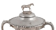 WILLIAM EDWARDS (attributed) "THE CAVALRY CUP" antique English sterling silver lidded trophy with finely cast horse finial and impressive repousse decoration of emus and kangaroo in landscape, manufactured by Samuel Hayne and Dudley Carter of London, circ - 2