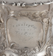 WILLIAM EDWARDS (attributed) "THE CAVALRY CUP" antique English sterling silver lidded trophy with finely cast horse finial and impressive repousse decoration of emus and kangaroo in landscape, manufactured by Samuel Hayne and Dudley Carter of London, circ - 3