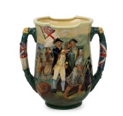 ROYAL DOULTON "Captain Cook" loving cup by Charles Noke, numbered 293/350, with "Scroll Of Fame", factory mark to base, 25cm high, 25cm wide.
