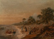 GEORGE BAXTER (1804-1867), "The Rev. J. Waterhouse Superintending the Landing of the Missionaries at Taranaki, New Zealand", colour lithograph, housed in an attractive period birdseye maple frame with gilt slip and glazing, 29 x 41cm, 57 x 67cm overall. - 2