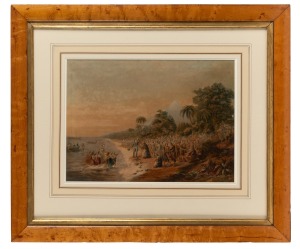 GEORGE BAXTER (1804-1867), "The Rev. J. Waterhouse Superintending the Landing of the Missionaries at Taranaki, New Zealand", colour lithograph, housed in an attractive period birdseye maple frame with gilt slip and glazing, 29 x 41cm, 57 x 67cm overall.