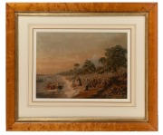 GEORGE BAXTER (1804-1867), "The Rev. J. Waterhouse Superintending the Landing of the Missionaries at Taranaki, New Zealand", colour lithograph, housed in an attractive period birdseye maple frame with gilt slip and glazing, 29 x 41cm, 57 x 67cm overall.