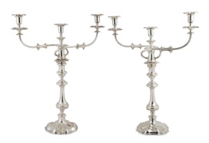 383 · A pair of antique Sheffield plate three branch candelabra, circa 1840, ​​​​​​​51cm high.