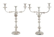 A pair of antique Sheffield plate three branch candelabra, circa 1840, ​​​​​​​51cm high.