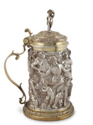 ELKINGTON, MASON & Co. antique English Sheffield plate lidded tankard with remains of gilt wash highlights, circa 1850, stamped "EXECUTED BY ELKINGTON, MASON & CO. FROM THE ORIGINAL IN IVORY IN THE POSSESION OF G. G. BEDFORD ESQ.", 30cm high.